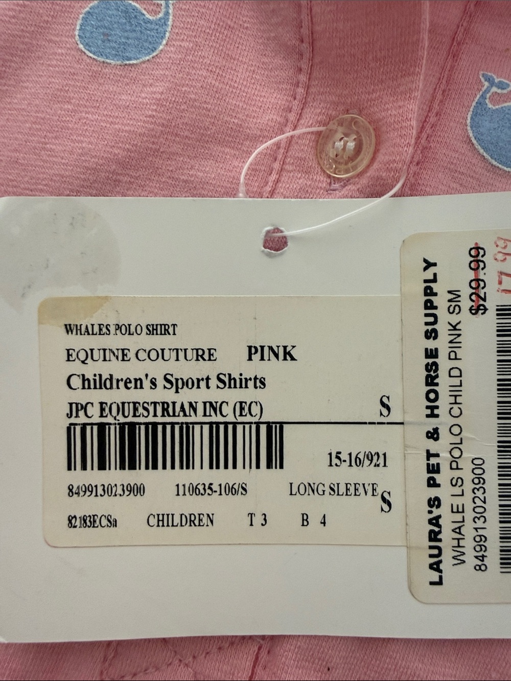 Equine Couture Girls' Pink Long-Sleeve Polo with Blue Whales. Sz S NWT - Picture 3 of 12